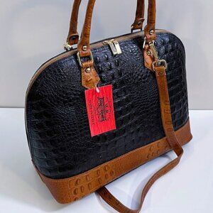 Serino Italian Leather Domed Satchel in Black/Tan